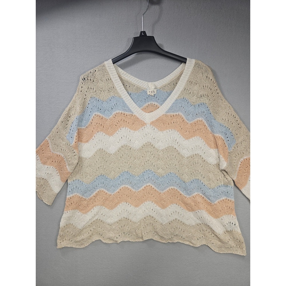 POL Womens Chevron Stripe Pointelle Knit V-Neck Sweater Pastel TSS262 Size L